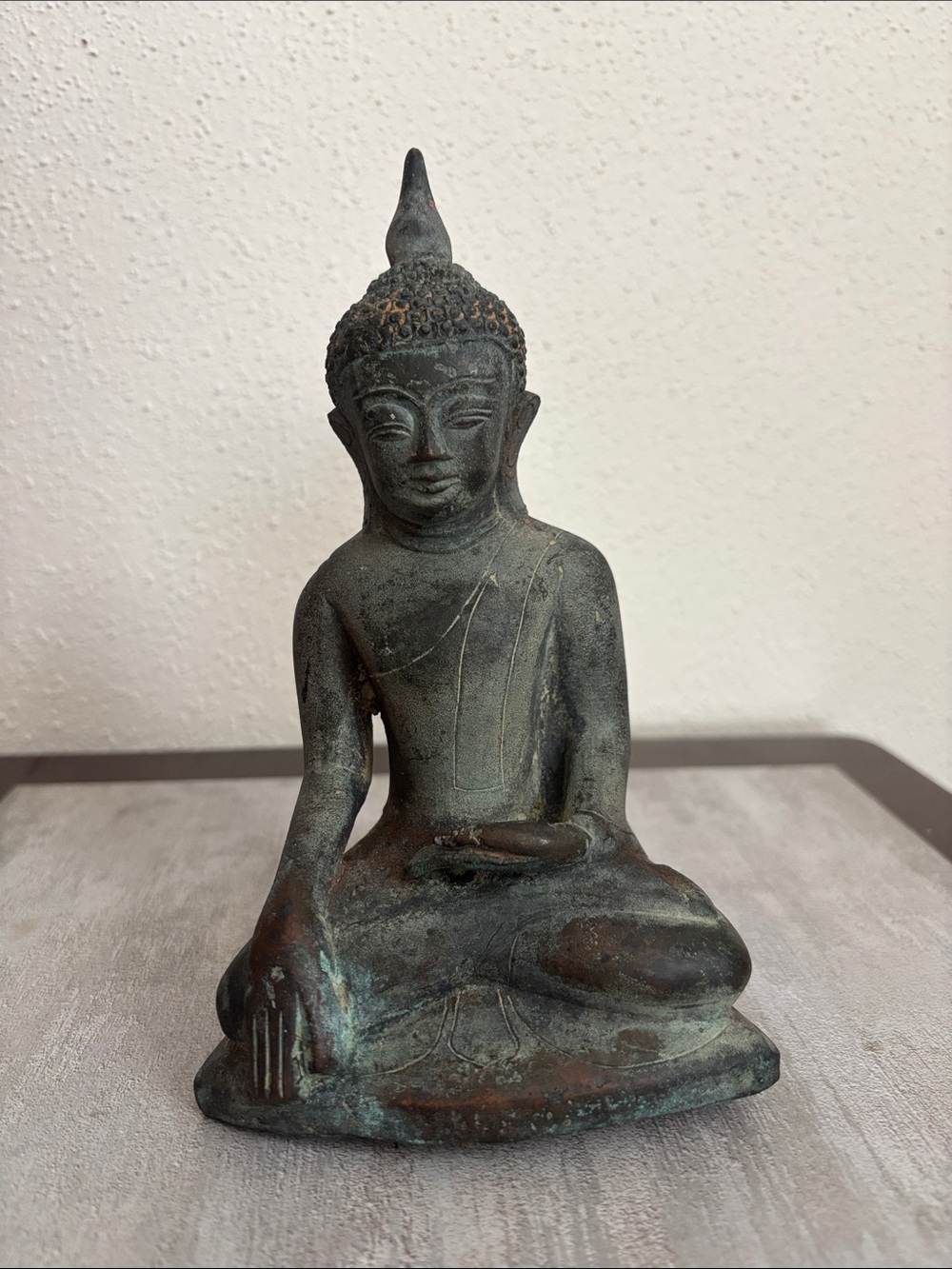 Seated Buddha Sculpture in Aged Bronze-Green Finish - Decorative Home Art